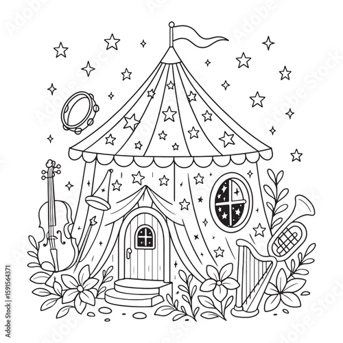 Whimsical circus tent with musical instruments and starry sky violin harp coloring page