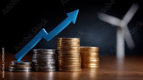Green energy investment Financial growth represented by rising coins and an upward arrow against a blurred wind turbine background.
