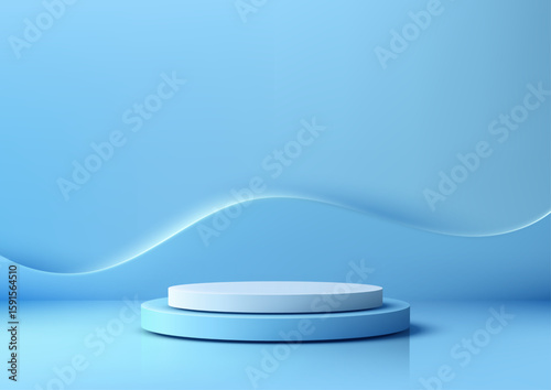3d blue podium mockup for product display with minimal wavy background design, clean glossy floor, modern stage scene ideal for branding, presentation, and showroom showcase
