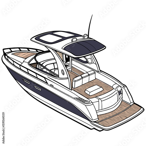 Sleek white motor yacht with dark blue accents and wooden deck motorboat luxury