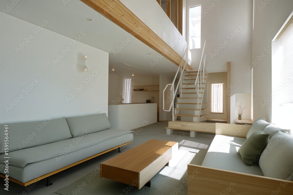 Fototapeta premium A cozy living room with a couch, coffee table, stylish chairs, and a staircase