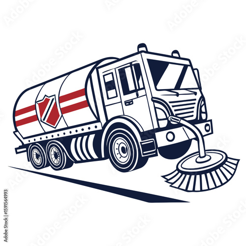 Sweeper truck with red stripes and shield emblem street cleaner municipal vehicle