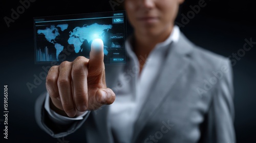 Wallpaper Mural Green energy investment Business professional interacting with a digital world map display. Torontodigital.ca