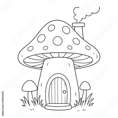 Whimsical mushroom house with chimney smoke and surrounding fungi dwelling fantasy coloring page
