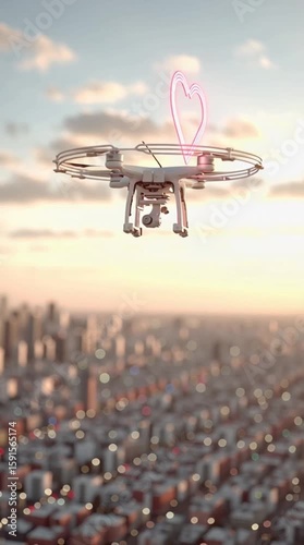 A drone hovers above a cityscape, illuminated by a neon heart symbol. The scene captures modern technology's beauty and the connection between innovation and emotions.