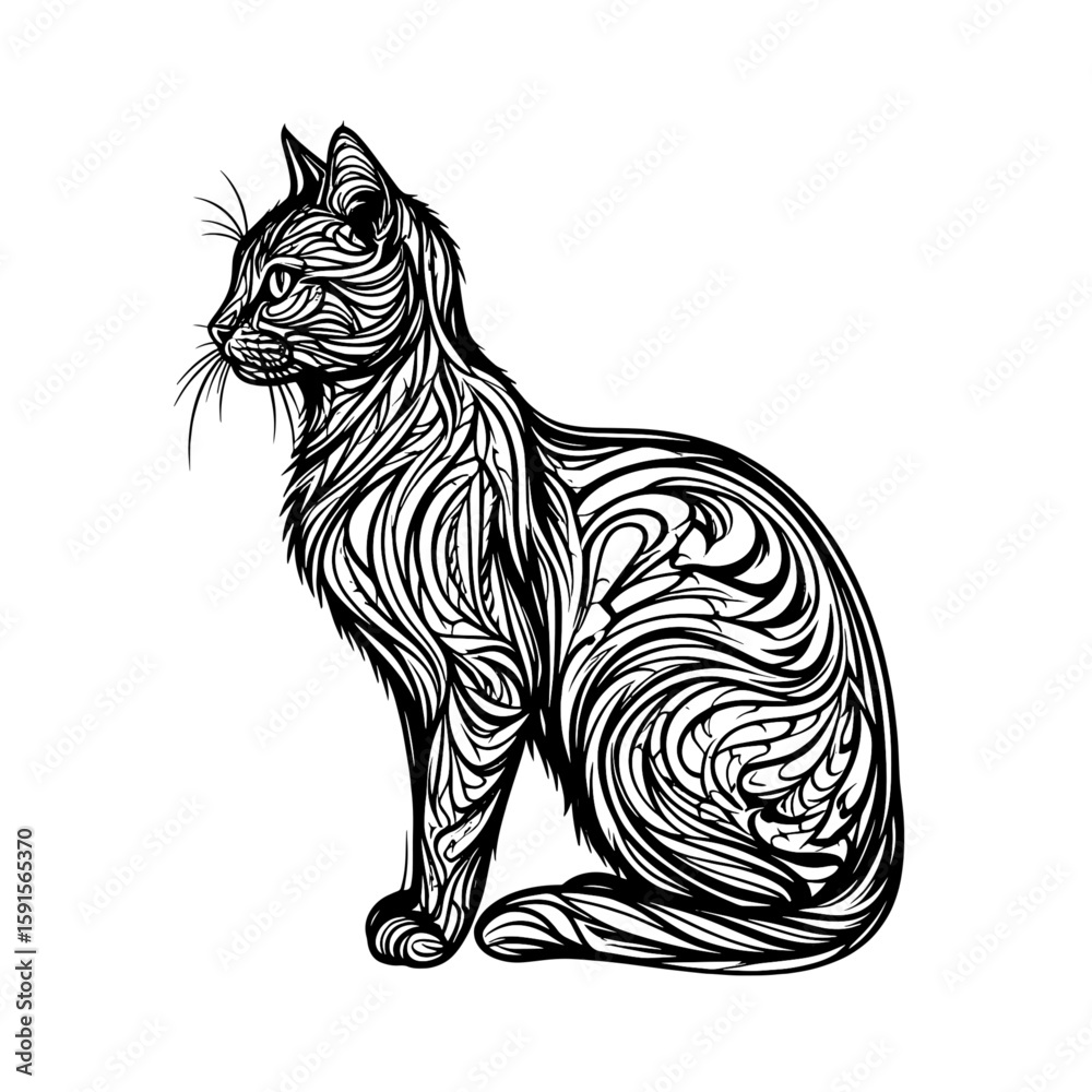 Obraz premium Elegant cat with a flexible tail, black and white pattern. Vector illustration. Silhouette of a sitting cat is decorated with patterns, isolated on a white background. A feeling of calm contemplation