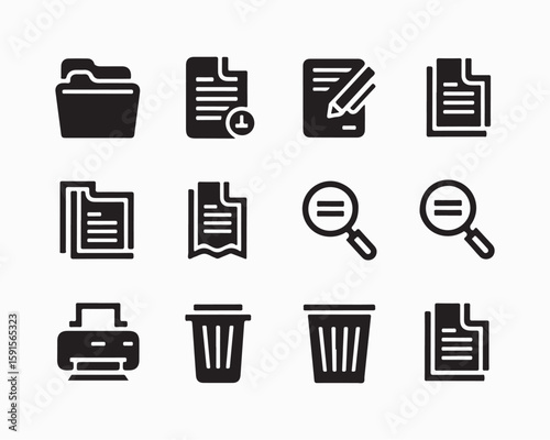 Collection of black silhouette icons representing file management and office related symbols on white backdrop