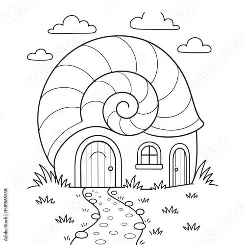 Whimsical snail shell dwelling with arched doorways and windows snail shell house fantasy dwelling coloring page