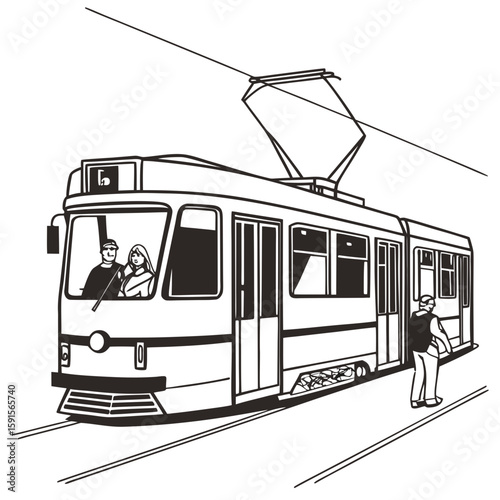 Tram with passengers and conductor public transport urban city