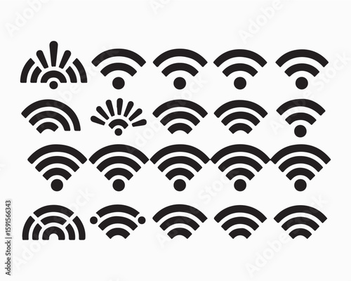 Wireless signal icons set includes wifi, antenna, radio, sound waves, perfect for tech design, communication network, audio visual vector illustration