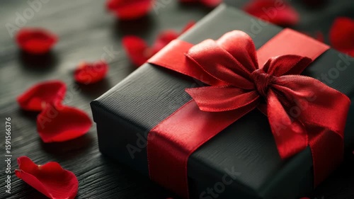 Black gift box with red satin ribbon bow dark wooden surface surrounded by scattered red rose petals creating romantic and elegant atmosphere for special occasions present gift box with black satin