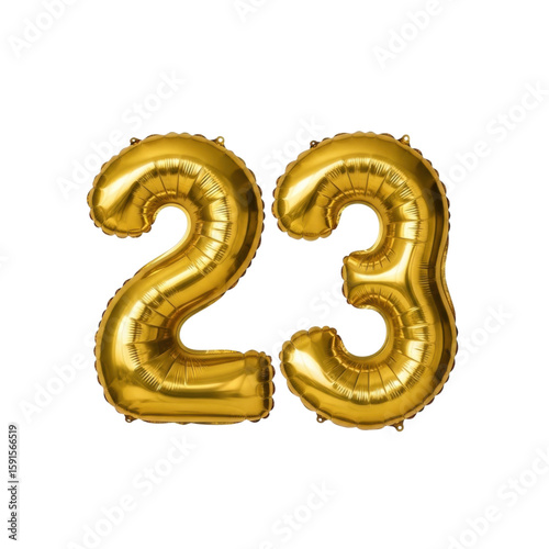 Golden foil balloon numbers 23 on transparent background for celebrations and anniversaries