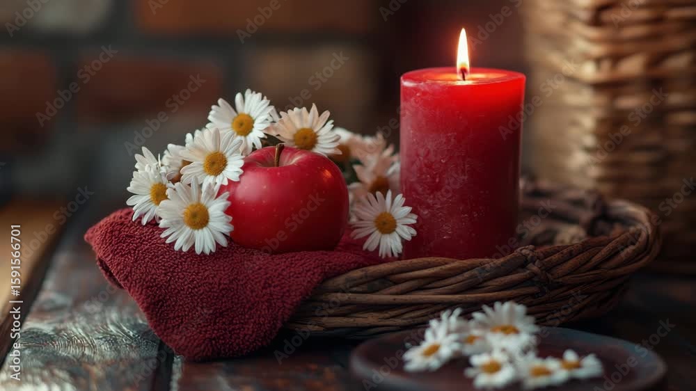 Red candle flame flickers beside red apple and white daisy flower on wicker tray with red cloth creating warm cozy rustic still life scene soft natural light wooden table texture