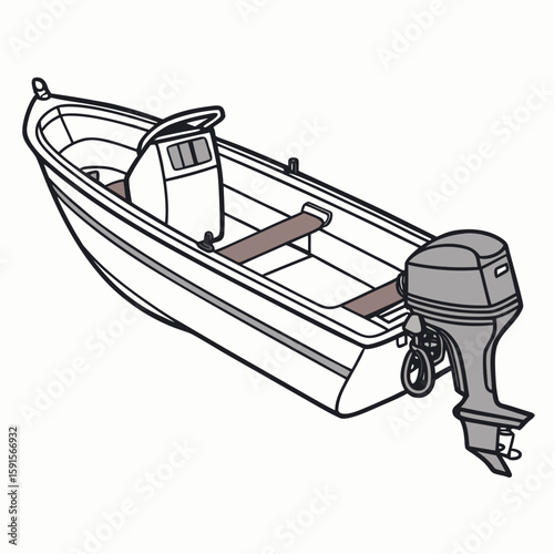 White boat with grey outboard motor and brown seats vessel watercraft