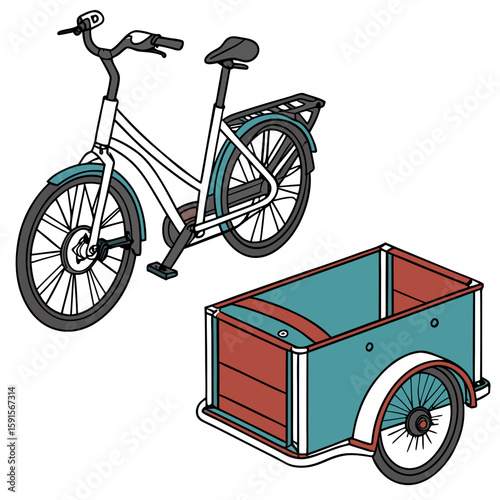 White cargo bicycle with teal and red trailer vector