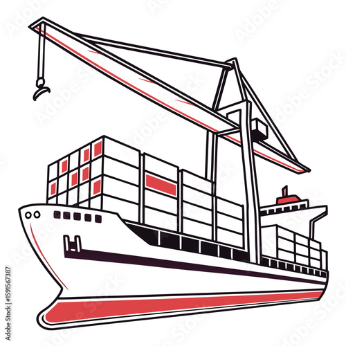 White cargo ship with red and black cranes and containers container ship loading