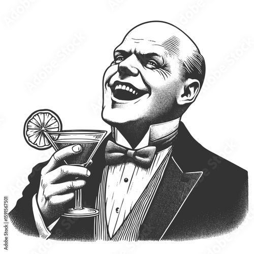cheerful bald man in a tuxedo, holding a cocktail glass with a lemon slice, retro party vibe sketch engraving generative ai fictional character vector illustration. Scratch board. Black and white.