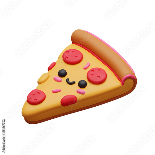 Cute cartoon pizza slice character with smiling face and toppings  in a playful design, 3D clay doodle style on transparent background