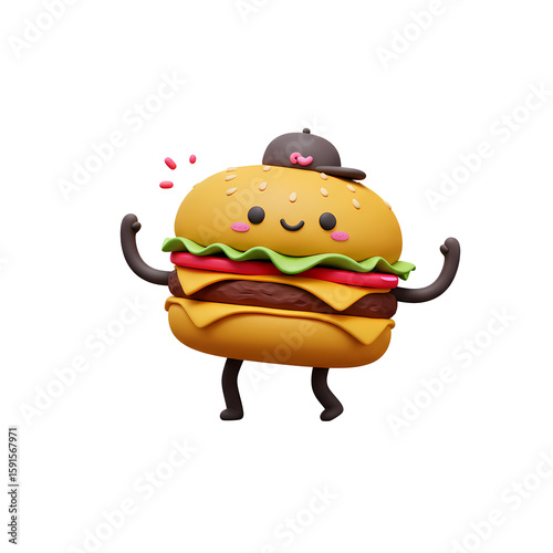 Cute cartoon hamburger character smiling and celebrating joyfully  in a playful design, 3D clay doodle style on transparent background