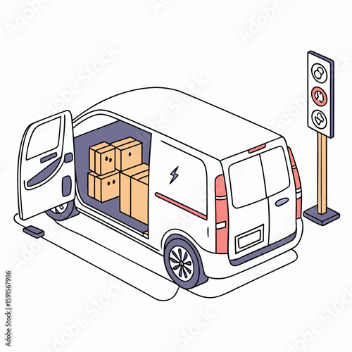 White electric delivery van loaded with cargo near charging station electric van