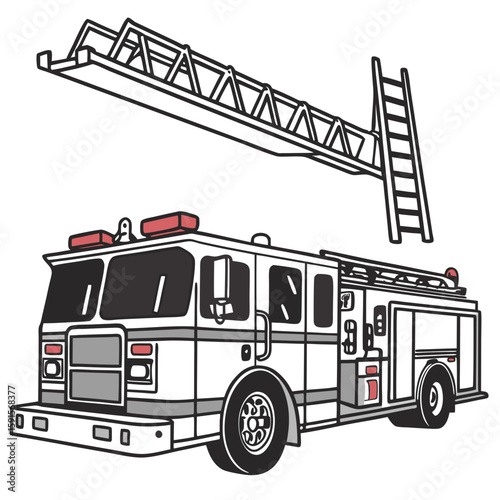 White fire truck with extended ladder and red lights emergency vehicle rescue