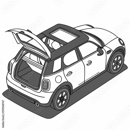 White mini car with open trunk and sunroof white car electric car