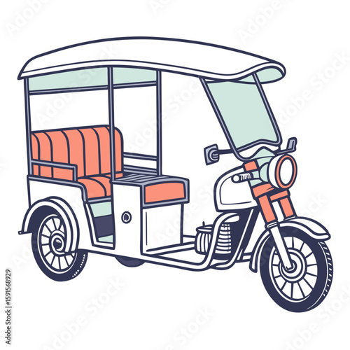 White motorized rickshaw with coral seats and canopy three wheeler auto rickshaw