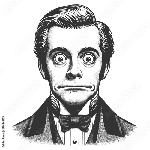 surprised Victorian gentleman with wide eyes and formal attire, expressing shock or disbelief sketch engraving generative ai fictional character vector illustration. Scratch board. Black and white.
