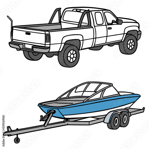 White pickup truck towing blue boat on trailer transportation