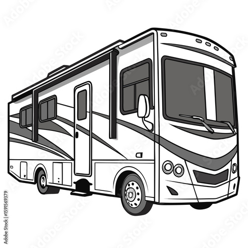 White recreational vehicle with dark gray accents and black tires motorhome camper