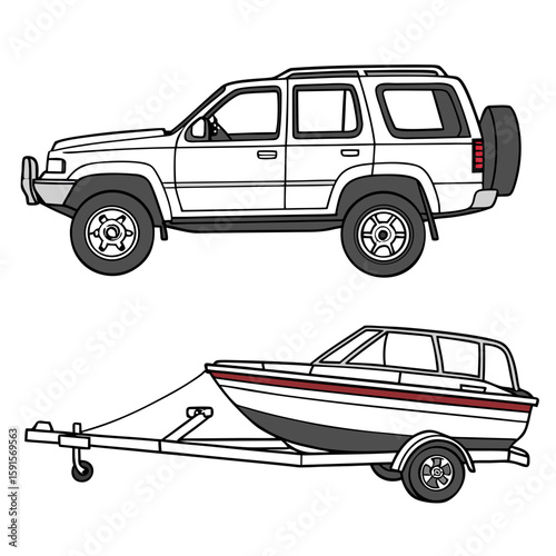 White S U V towing a boat on a trailer vehicle