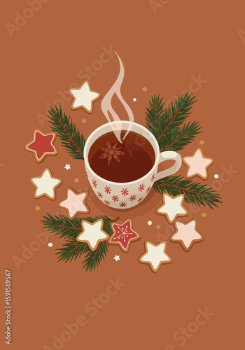 Coffee cup with steam surrounded by festive cookies and pine branches  