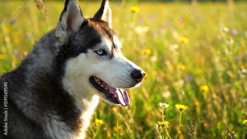 Husky dog in a field of flowers