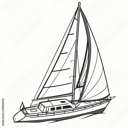 White sailboat gliding on water with full sails sailing nautical