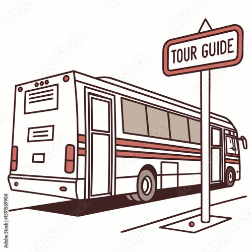 White tour bus with red stripes and tour guide sign transportation