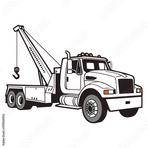 White tow truck with extended crane and hook heavy duty towing
