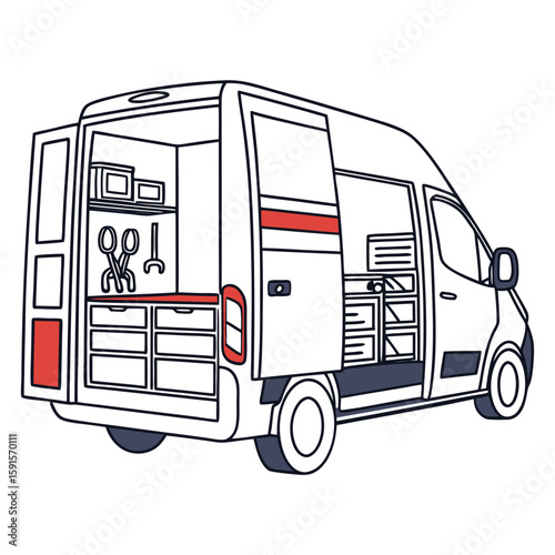 White utility van with open doors and tools vehicle workshop