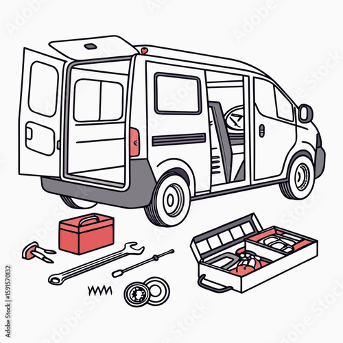 White utility van with open doors and tools utility vehicle toolbox