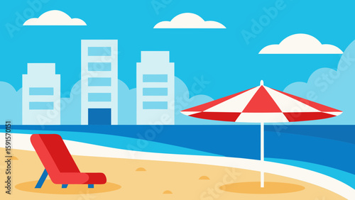 Beach scene with lounge chair and umbrella in front of city buildings isolated on white background