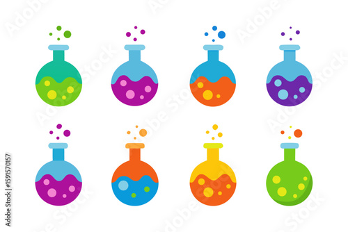 Set of eight colorful bubbling chemistry flasks isolated on white background