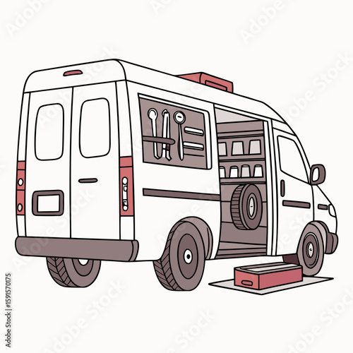 White van interior with tools and spare tire mobile workshop