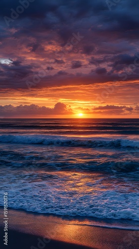 A vibrant sunset paints the sky with orange and red hues, reflecting beautifully over the calm sea at the beach as waves gently kiss the horizon