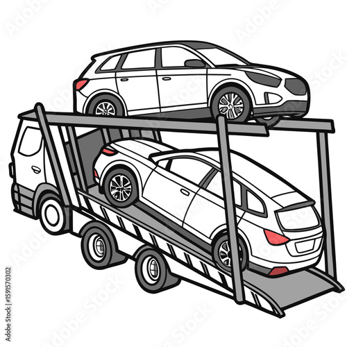 White vehicles transported on multi level trailer car transporter truck