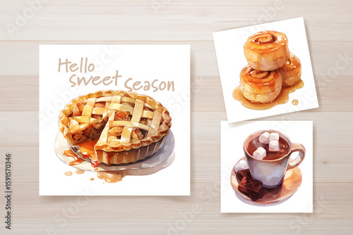 Watercolor Autumn Dessert Collection with apple pie, cinnamon roll and hot cocoa