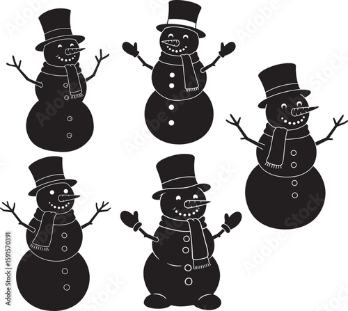 Five festive snowman characters in silhouette style