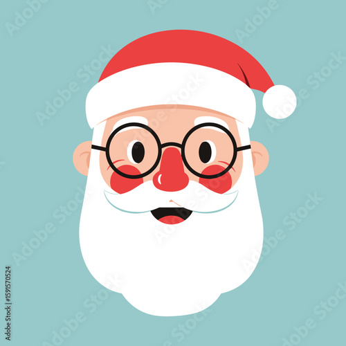 Santa Claus smiling with glasses and a red hat on blue background  