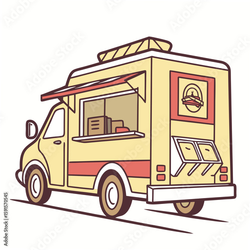 Yellow food truck with open serving window mobile kitchen street food red accents