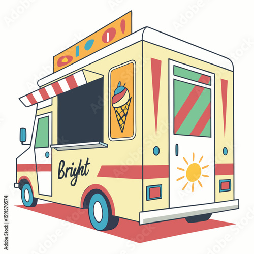 Yellow ice cream truck with sun graphic and striped awning food truck dessert