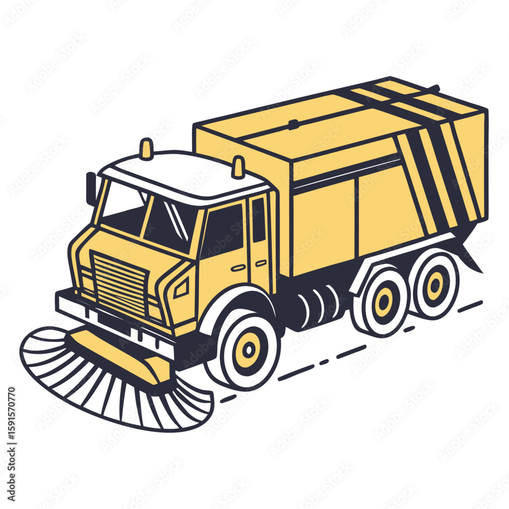 Fototapeta premium Yellow sweeper truck with brushes and stripes street cleaning municipal