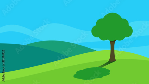 Stylized green tree casting a shadow on rolling hills under a blue sky isolated on white background